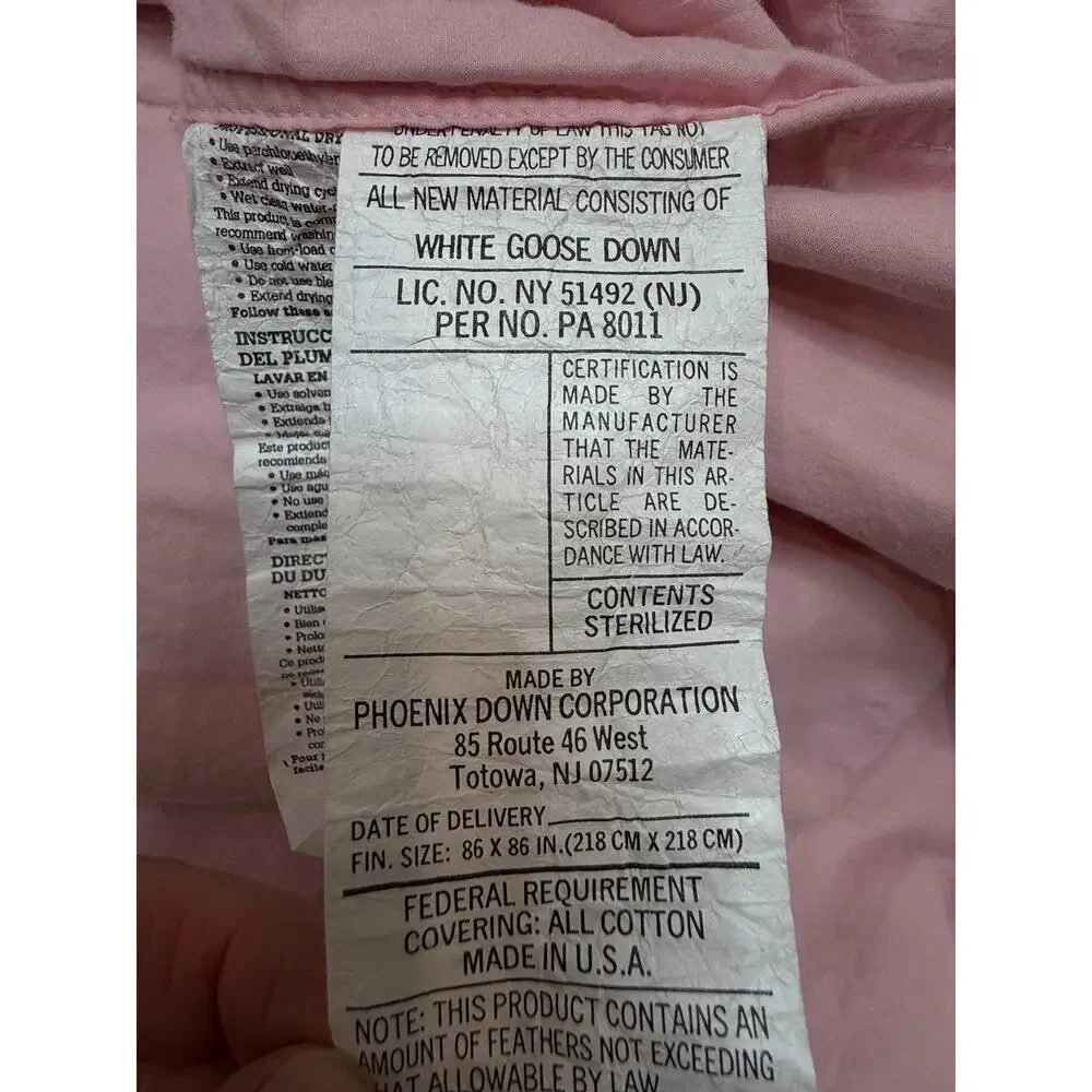 VINTAGE Phoenix Down Pink Goose Down Comforter Cotton Made USA Full Queen Size